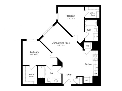 Floor plan for 2 beds, 2 baths, 791 sqft